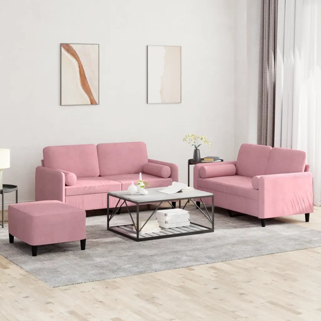 Set di Divani 3 pz con Cuscini Rosa in Velluto 3202007