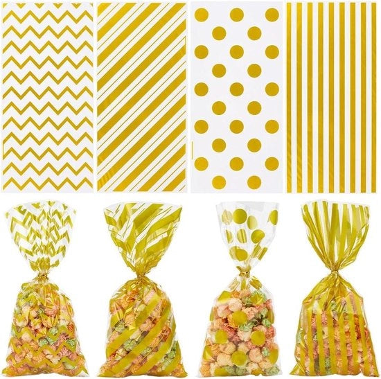 Set di 4 stili di sacchetti di cellofan con motivi a punti e strisce trasparenti per dolci.