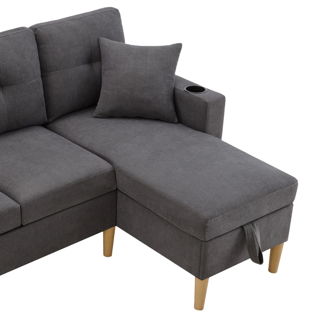 Divano Angolare 3 Posti con Chaise Longue e Contenitore ¨C MINIMAL ¨C con Cuscini e Portabicchieri
