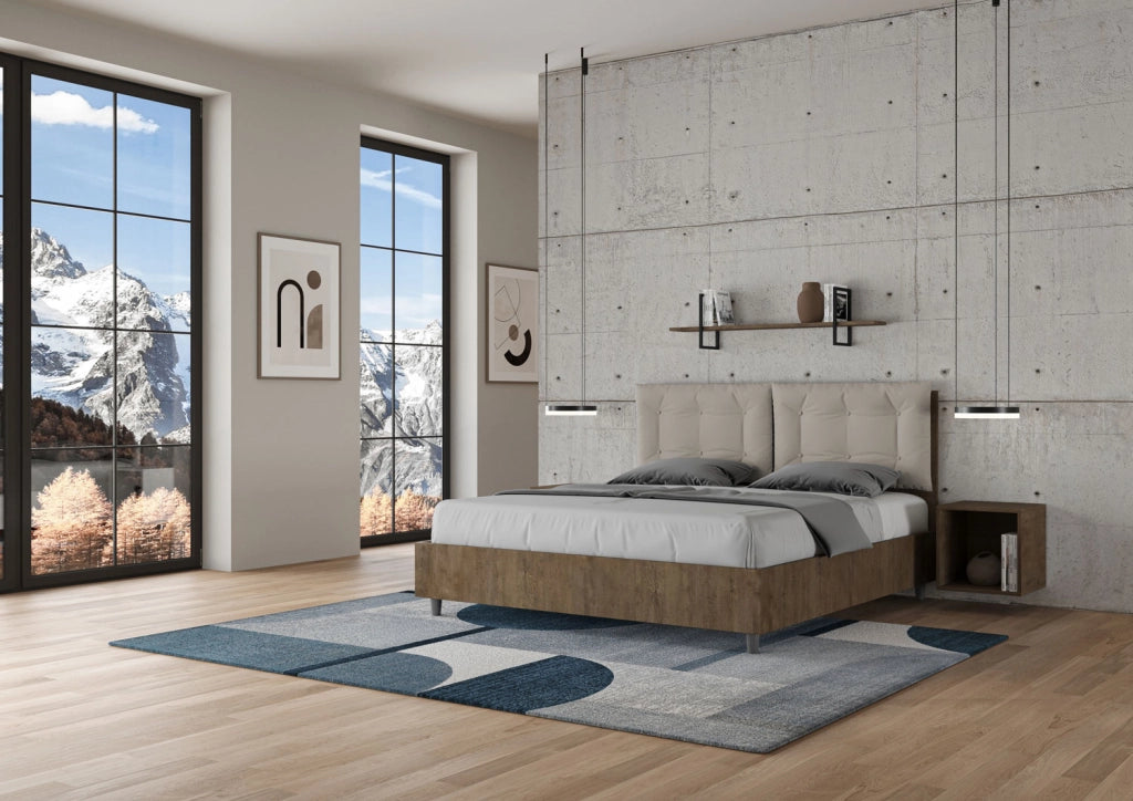 BS COM Letto matrimoniale con rete 160x190 noce cuscini similpelle tortora