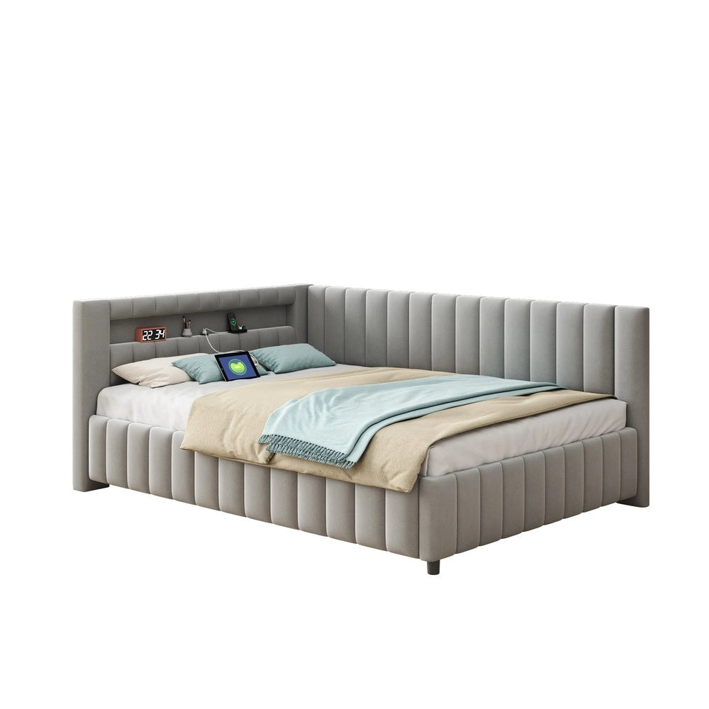 Letto Imbottito 140x200 con LED e USB ¨C Xylo ¨C Velluto Grigio, Testiera, Struttura