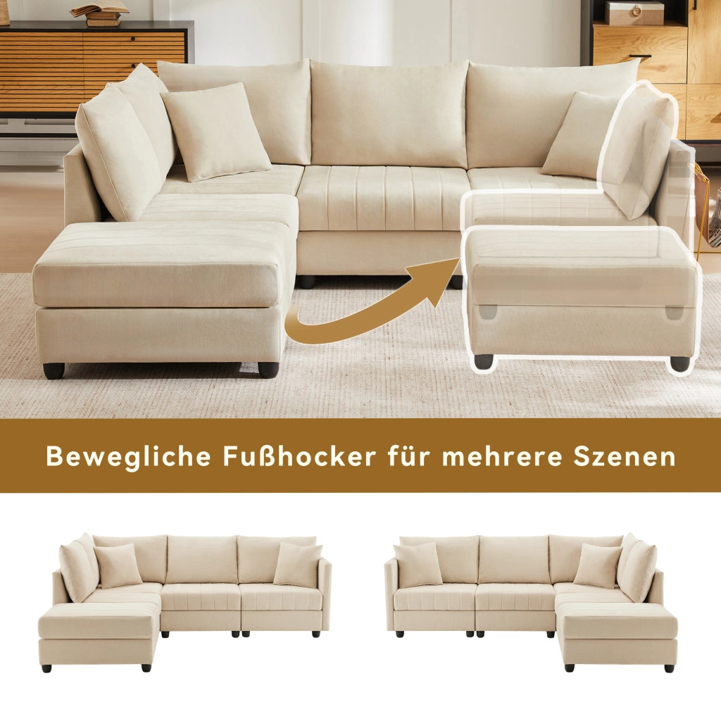 DIVANO Modulare 5 Posti 220x194x85 cm Beige con Pouf Mobile