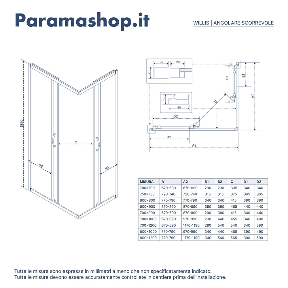 Box doccia angolare 90x90 cm trasparente 4 mm profili neri  | Willis