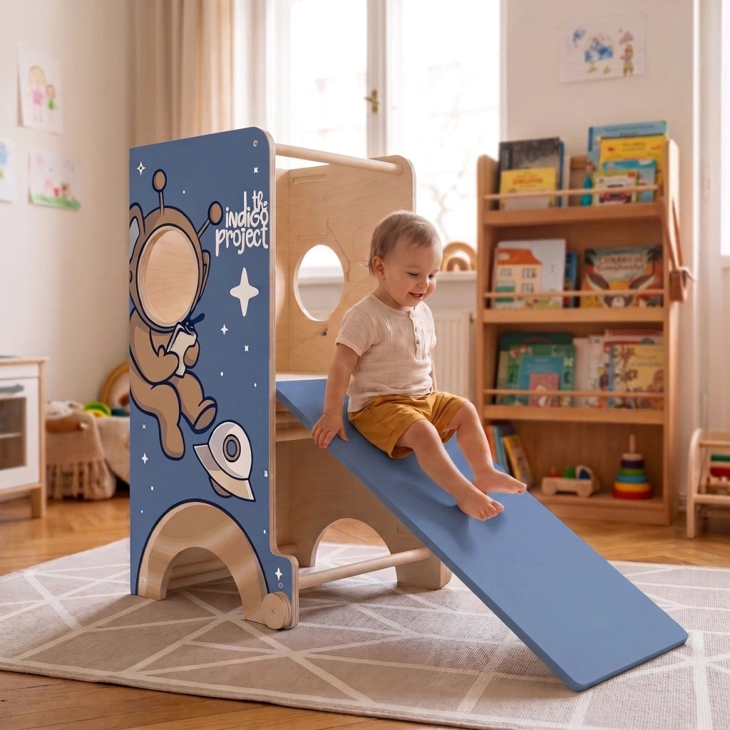 Castle Gate - Torre Montessori multifunzionale 3 in 1 per bambini a partire dai 24 mesi, 58x50x90 cm con lavagna e cestino in legno