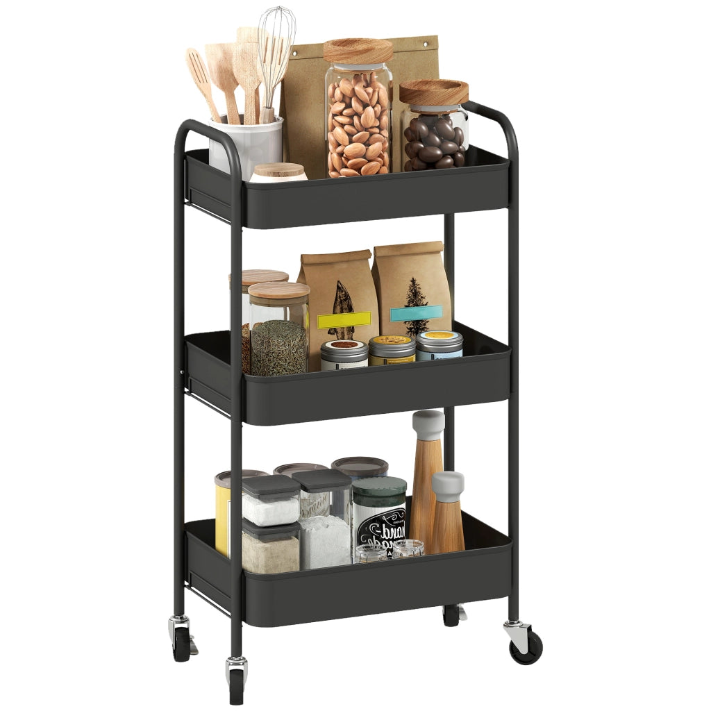 Carrello Multiuso con 3 Ripiani e 4 Ruote ¨C Minimal ¨C Nero 45x30.6x79 cm