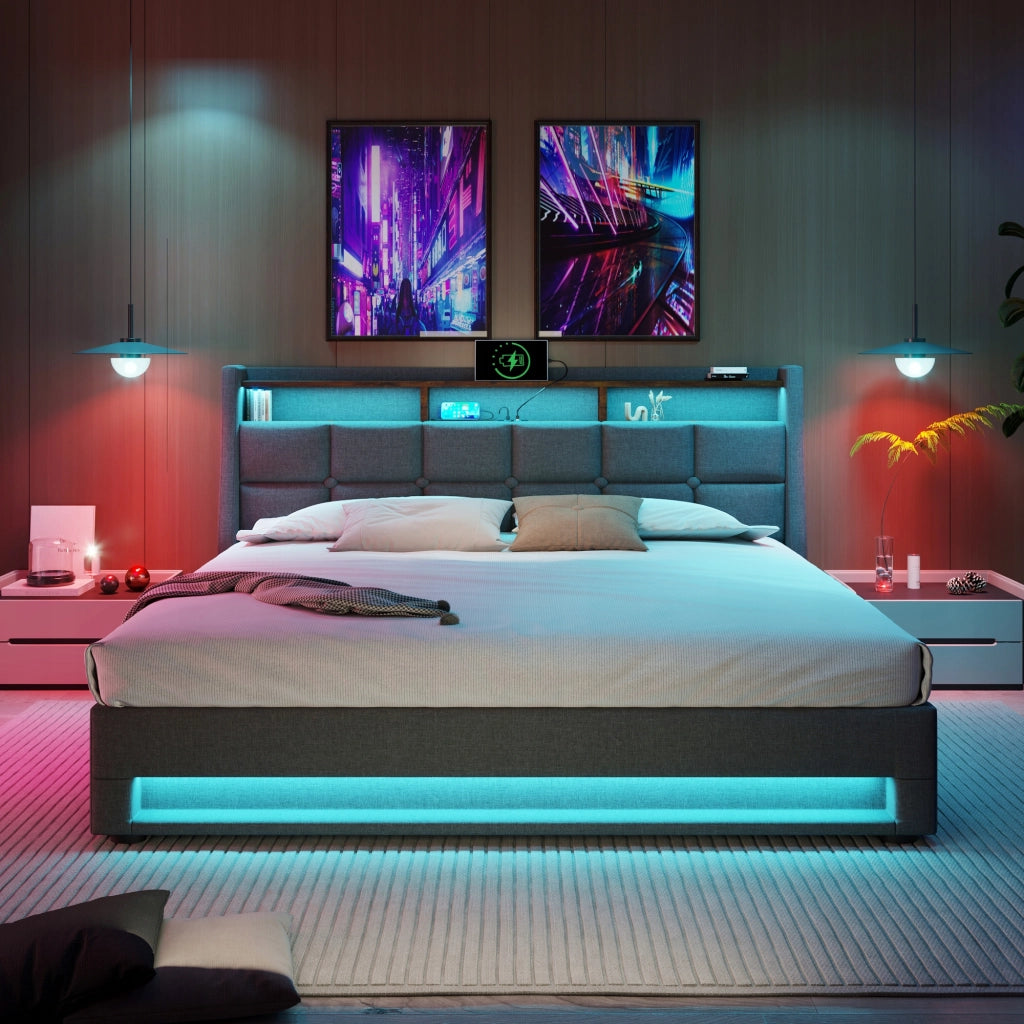 Letto imbottito con LED USB e materasso incluso - Xylo - 160x200