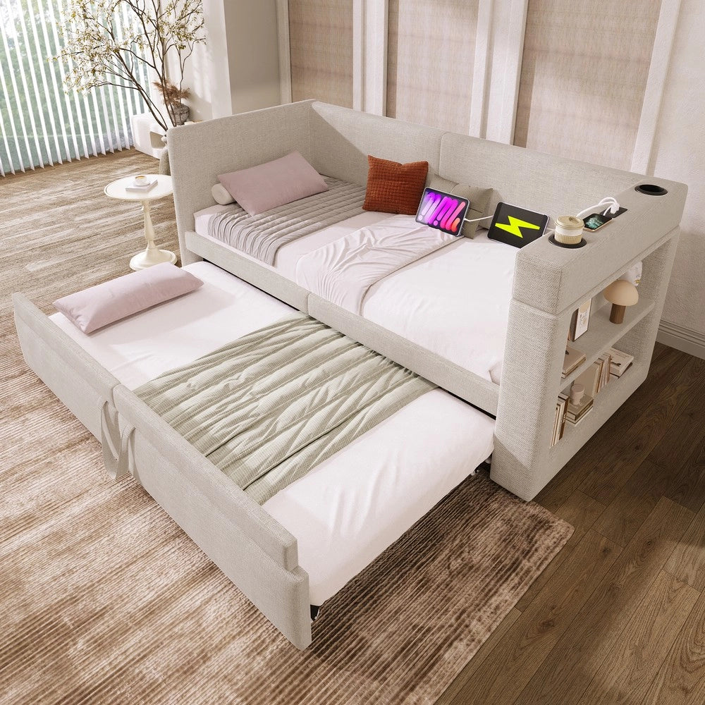 Letto Singolo Imbottito con Rete Estraibile ¨C MINIMAL ¨C Tessuto Beige 90x200