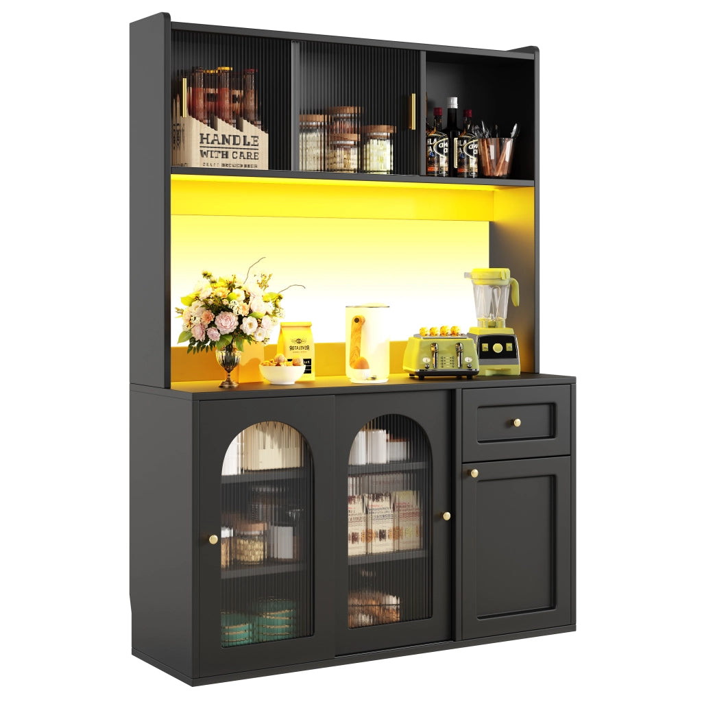 Credenza con LED ¨C MINIMAL ¨C Nero, Ante a Vetro, Ripiani Regolabili