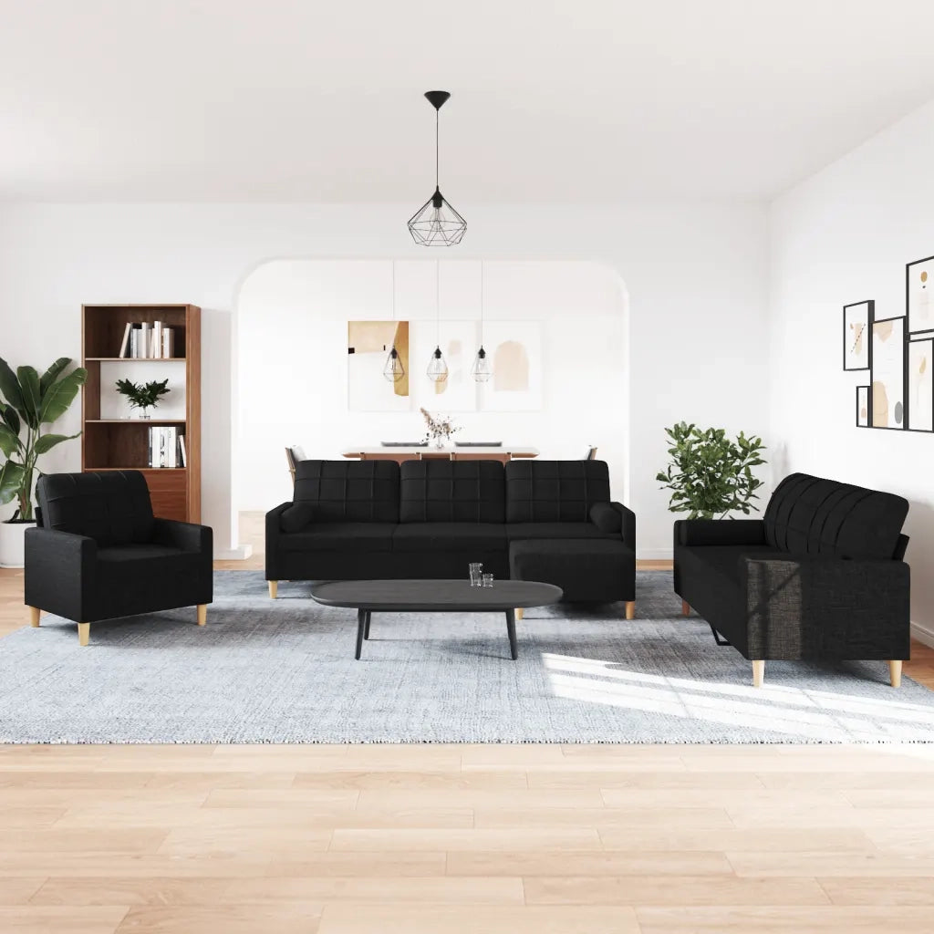 Set Divani 4 pz con Poggiapiedi e Cuscini Nero in Tessuto 3278315