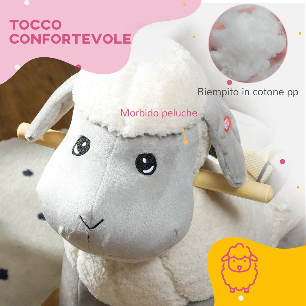 Cavallo a Dondolo per Bambini in Legno e Peluche Pecorella Grigio