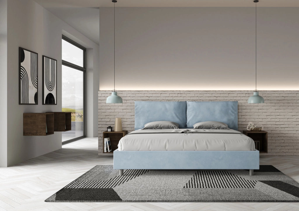 Letto Matrimoniale King Size 200x210 cm con Rete e Contenitore Imbottito in Microfibra Antea Large Azzurro