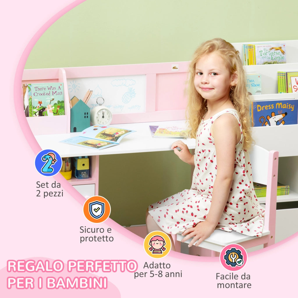 Set Scrivania e Sedia per Bambini in Legno Bianco e Rosa ¨C Minimal ¨C 90x60x75
