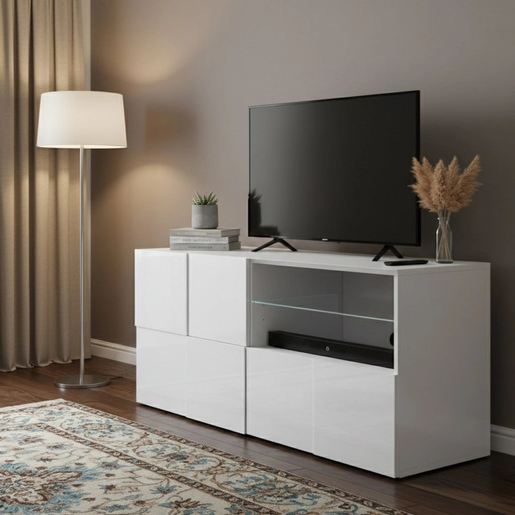 Mobile porta TV Ward, Credenza da soggiorno, Armadio basso per TV, Base parete attrezzata, Made in Italy, 122x43 h57 cm, Bianco lucido