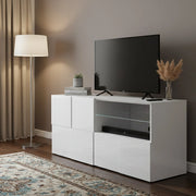 Mobile porta TV Ward, Credenza da soggiorno, Armadio basso per TV, Base parete attrezzata, Made in Italy, 122x43 h57 cm, Bianco lucido