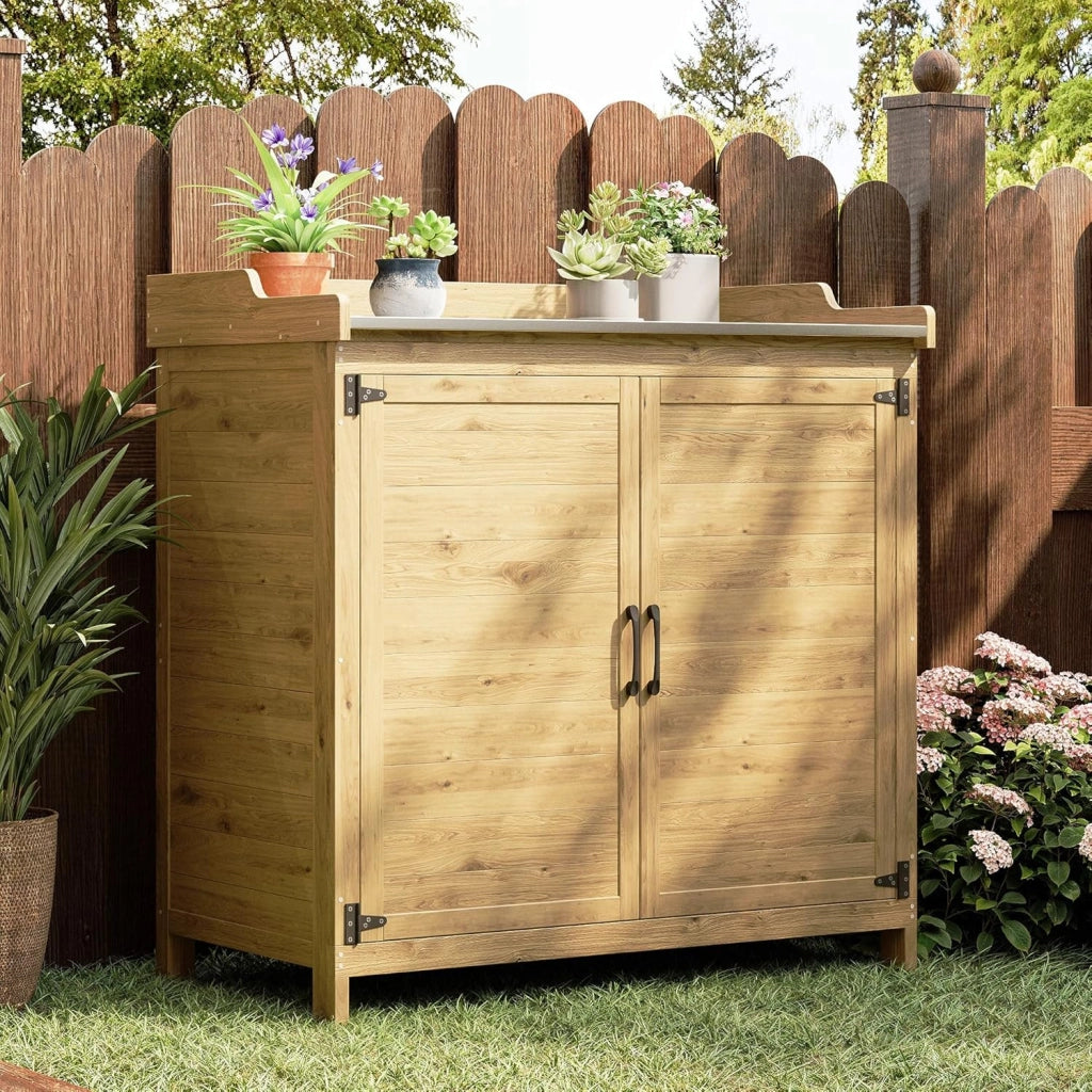 Tavolo da Esterno per Piante, Tavolo da Giardino con Piano di Lavoro Impermeabile, Tavolo da Lavoro in Legno con 1 Ripiano Regolabile, 48x98x95 cm. (Naturale)