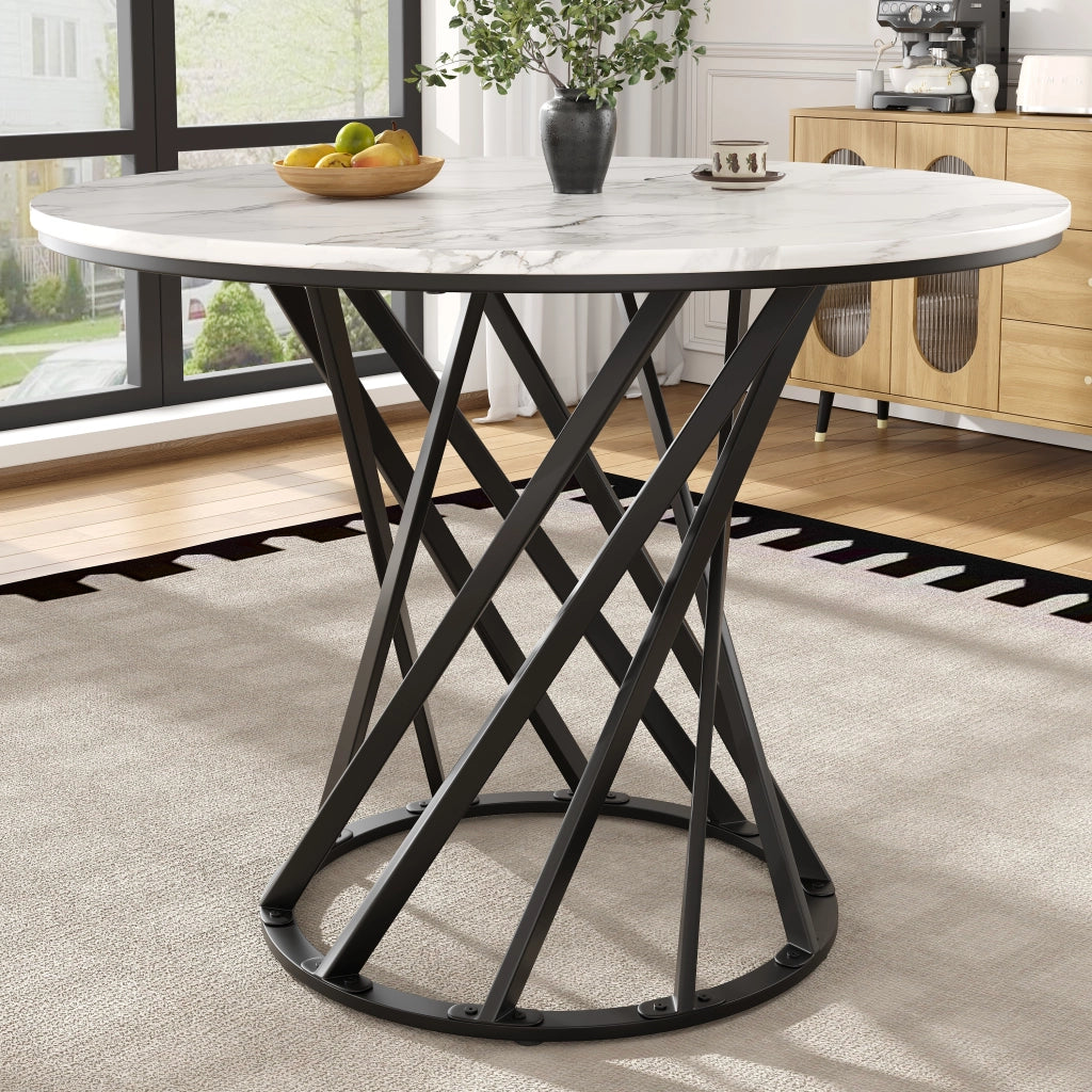 Tavolo da Pranzo Rotondo ¨C Xylo ¨C Piano MDF Effetto Marmo, Gambe in Metallo Nero, 80x80x76
