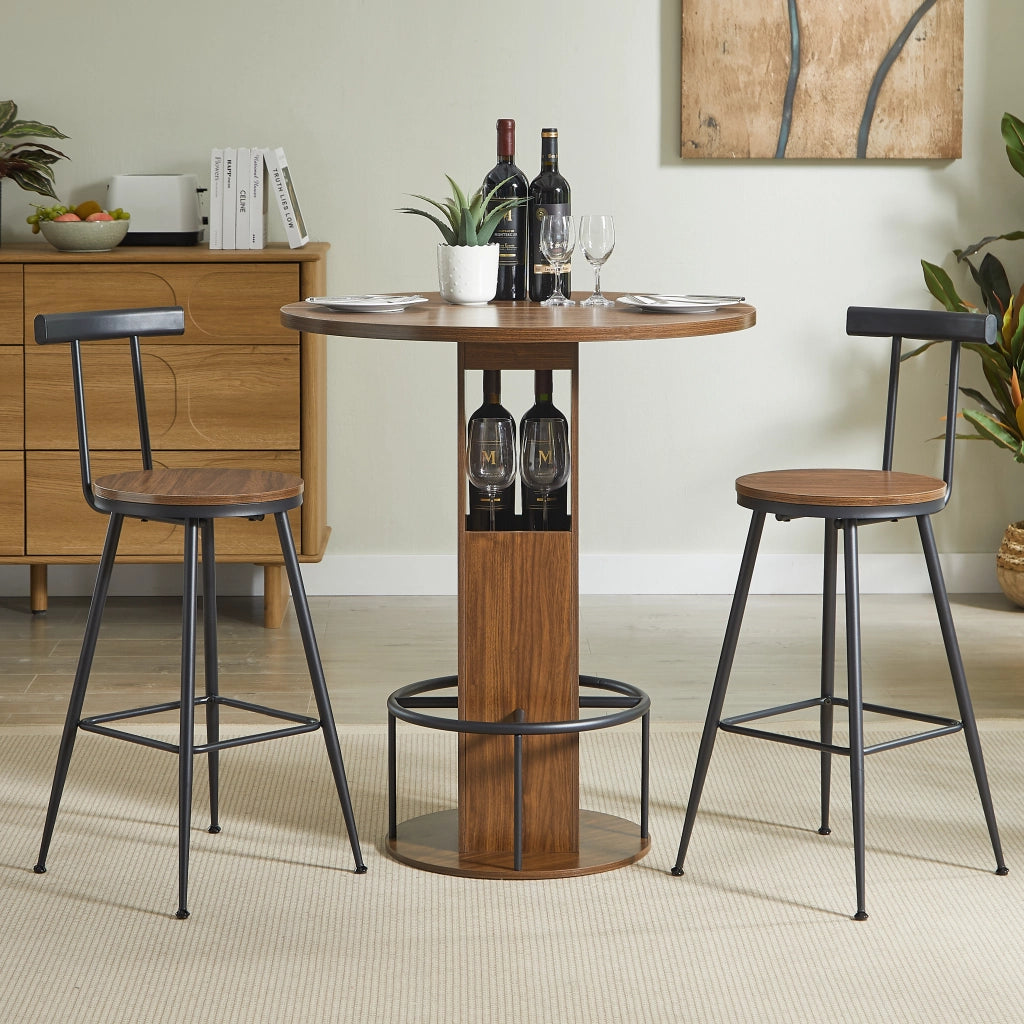 Set Tavolo Rotondo e 2 Sgabelli ¨C MINIMAL ¨C Noce, Legno e Metallo, 80 cm