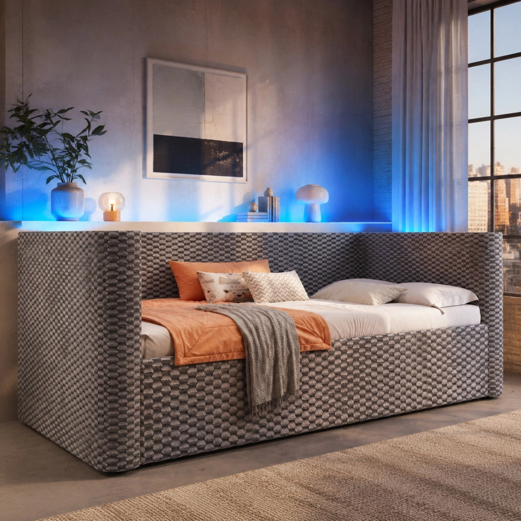 LETTO DAYBED 90x200 cm Velluto Grigio con LED e contenitore idraulico