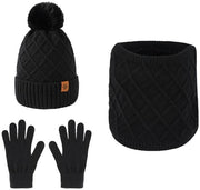Cappello invernale intrecciato con guanti touchscreen e collana per donne, con palline morbide, guanti intrecciati caldi e collana tre-in-uno, Nero