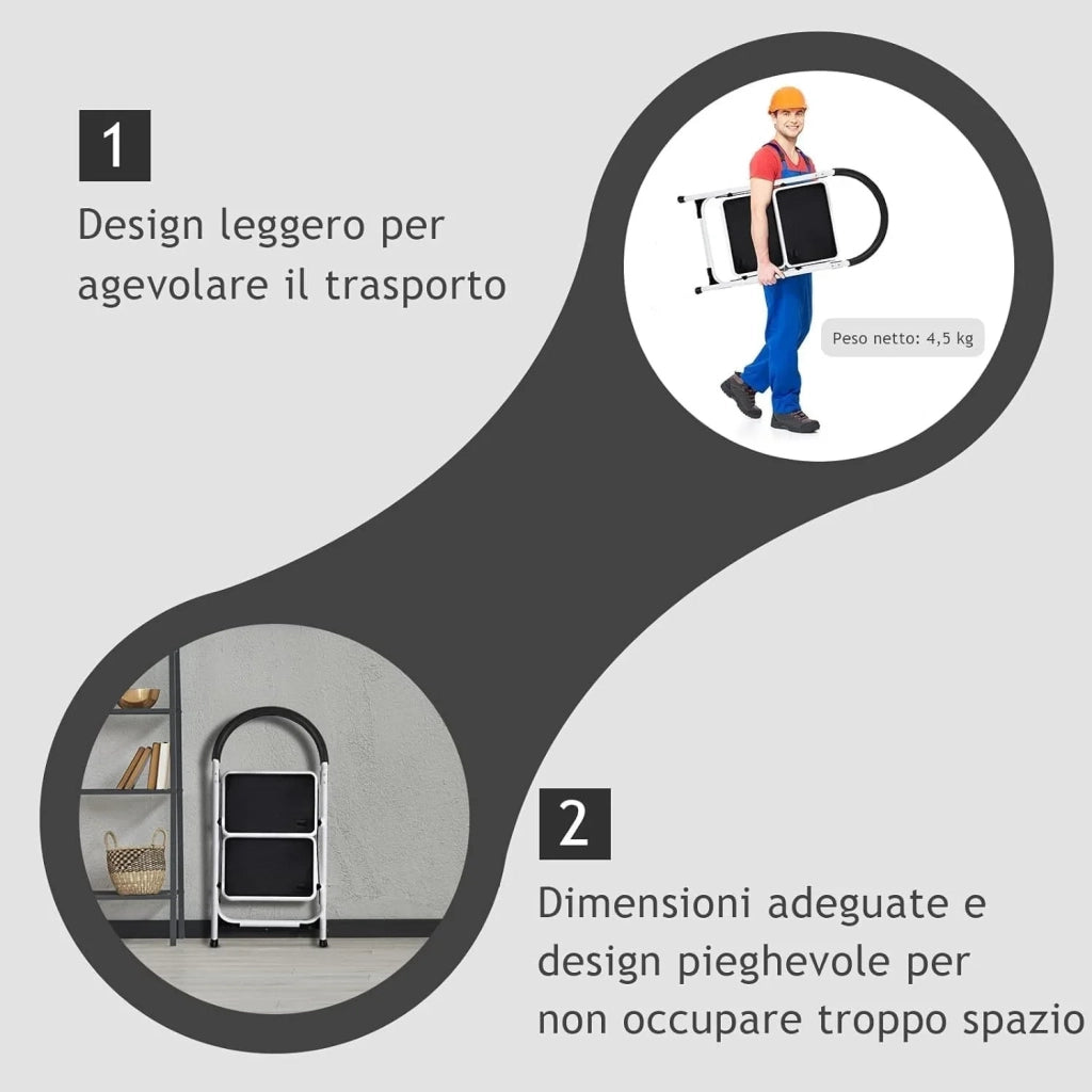 Scaletta Sgabello Pieghevole Salvaspazio 2 Gradini Antiscivolo Maniglione Rivestimento in Gomma 150KG