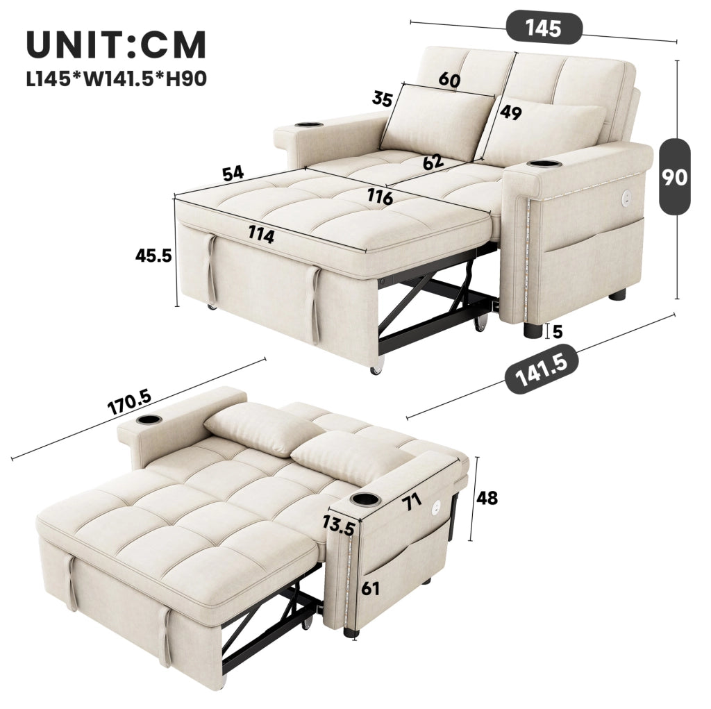 Sofa letto a 2 posti modulare 145 cm in chenille beige con LED; USB e Type-C