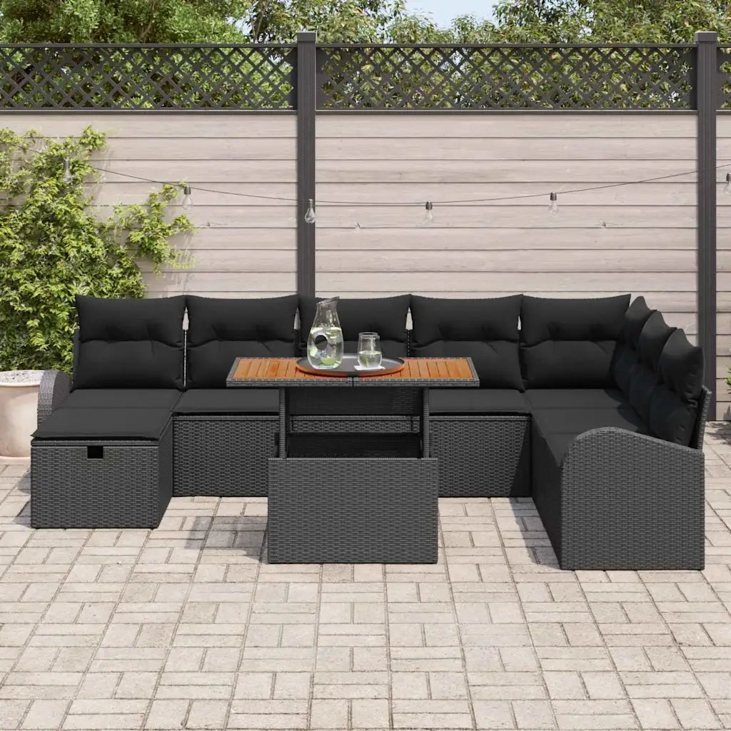 Set Divano da Giardino con cuscino 9 pcs Nero polyrattan
