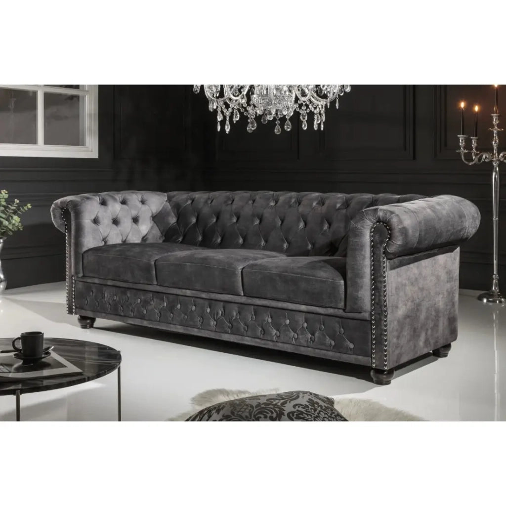 Divano dritto EDGAR – Grigio scuro – 3 posti – Velluto stile barocco