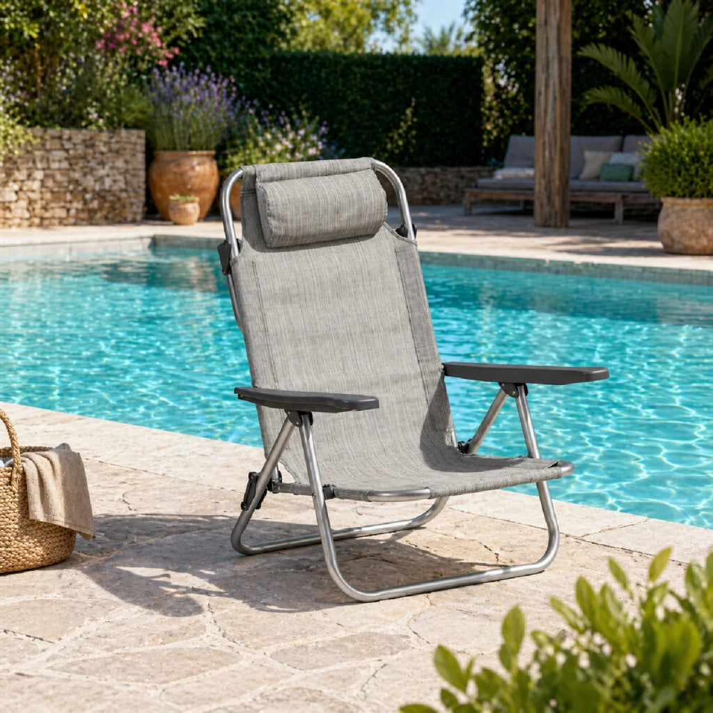 Spiaggina Reclinabile Da Mare E Campeggio Con Poggiatesta Imbottito Sedia Pieghevole In Alluminio E Textilene Traspirante Trasformabile In Lettino 48.5 x 60 x 80 Cm Grigio