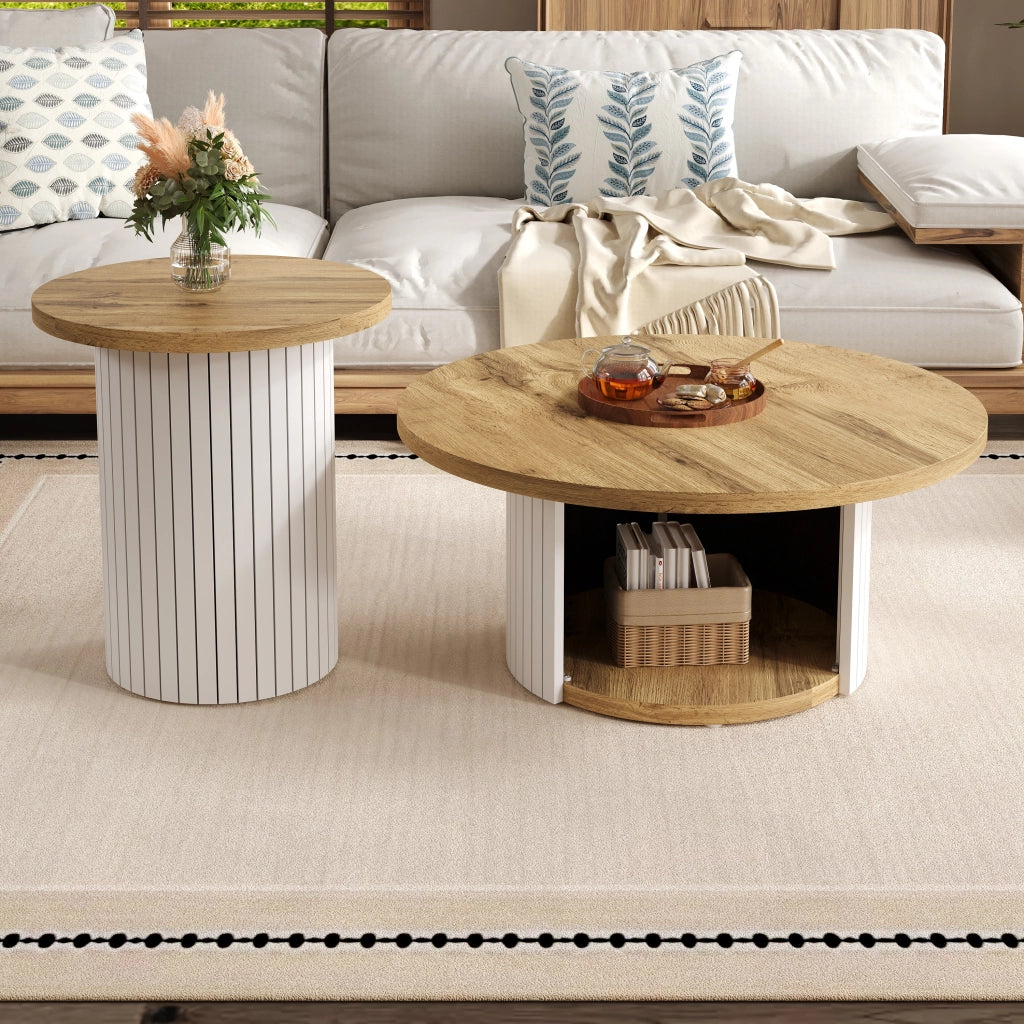 OKWISH Tavolini da Salotto Impilabili Rotondi Stile Nordico con Tavolo Principale e Tavolino Laterale, MDF, Naturale