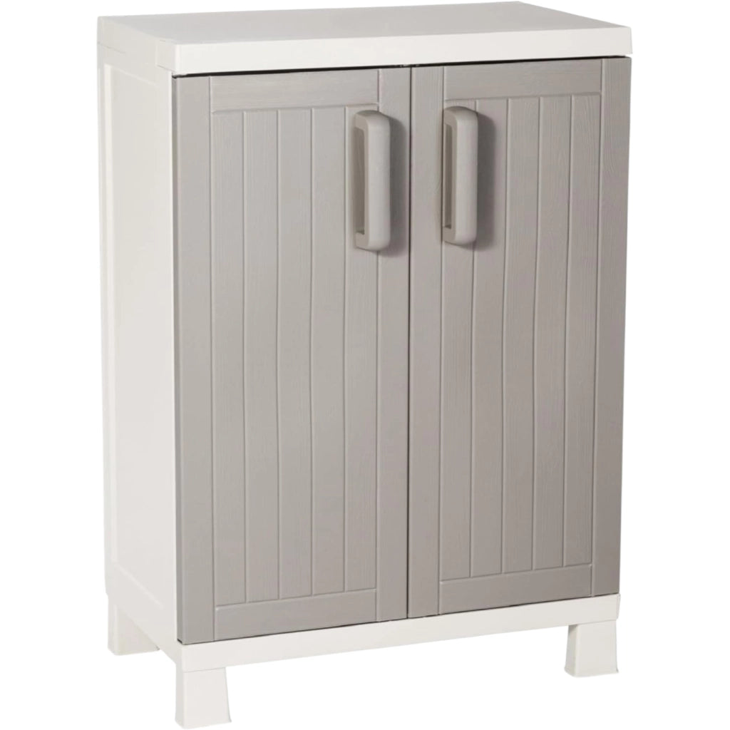 Armadio Wood Midi Basso con 2 ripiani, in plastica da interni ed esterni, colore Grigio Tortora/Grigio Chiaro