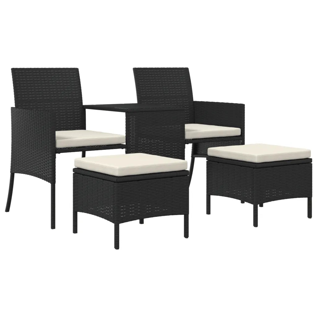 Divano Giardino 2 Posti con Tavolo e Sgabelli Nero Polyrattan 317626