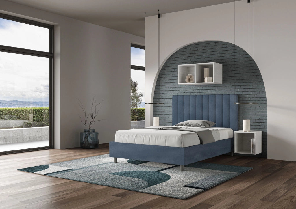 BS COM Letto una piazza e mezza con rete imbottito 120x210 microfibra blu