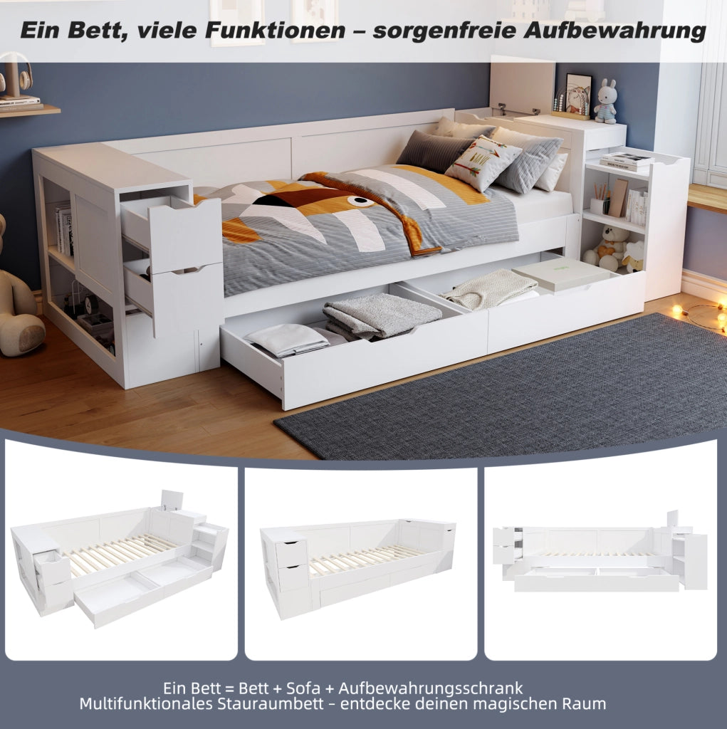 Letto per bambini multifunzione con cassetti e vano contenitore; MDF bianco