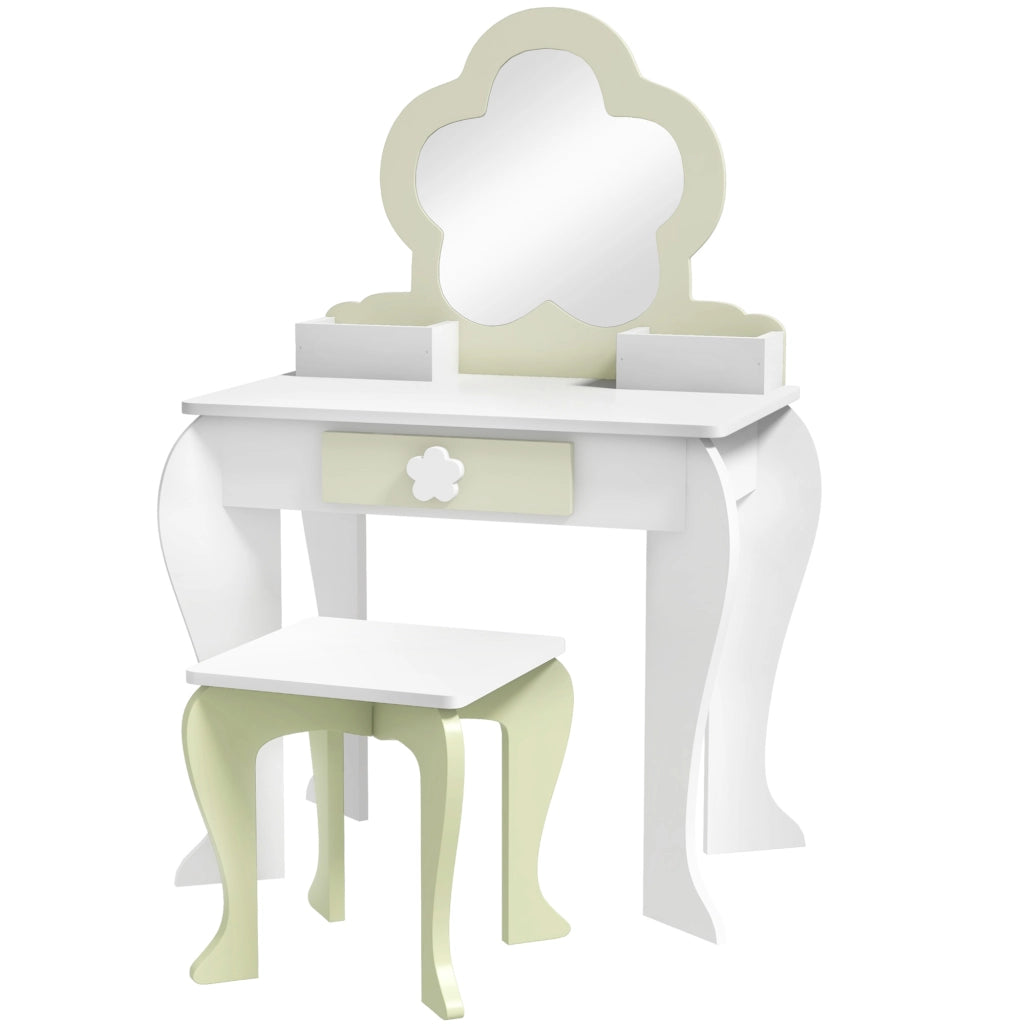 Toletta per Bambini con Specchio e Sgabello ¨C Xylo ¨C 2 Scatole 1 Cassetto 55x34x87,5cm Bianco Verde