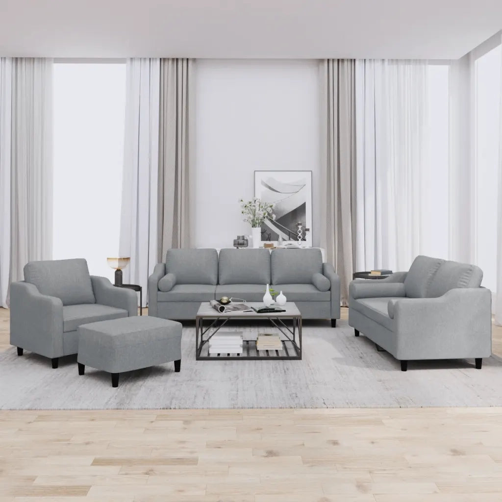 Set Divani 4 pz con Cuscini Grigio Chiaro in Tessuto