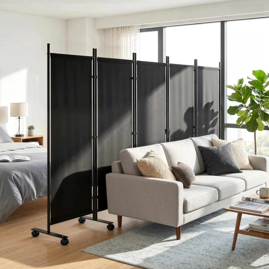 Paravento Divisorio 5 Pannelli con 12 Ruote ¨C Xylo ¨C Nero 252x170 cm