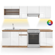 Mobile da cucina Raul Bianco lucido/Bianco 240 cm, PL Sonoma con striscia LED Vicco