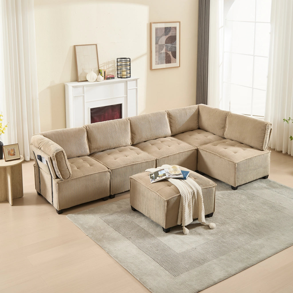Sofa modulare 6 posti - Zephmum- Tessuto corda, ergonomico, stoccaggio, combinabile