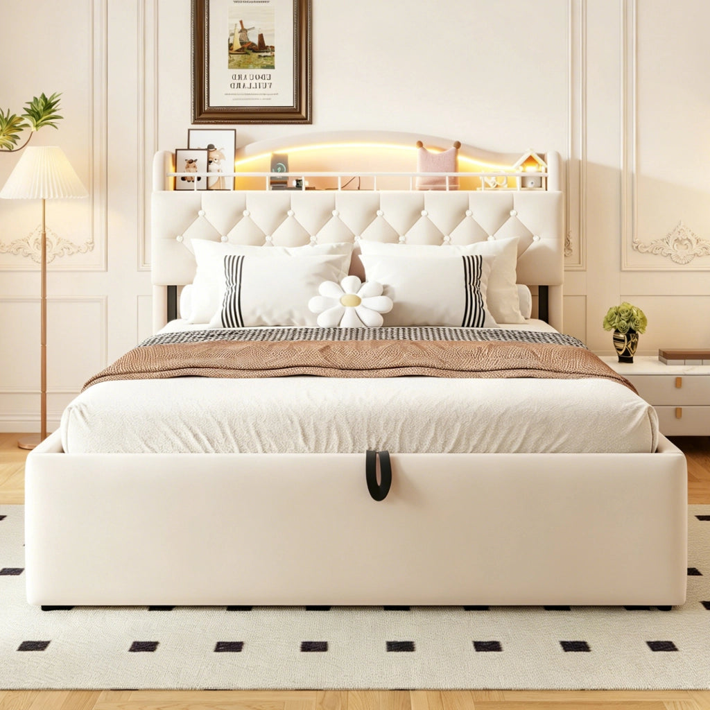LETTO Contenitore 140x200 cm Beige in tessuto e metallo con LED, USB e USB-C