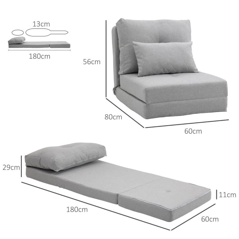 POLTRONA LETTO 3 IN 1 CONVERTIBILE IN CHAISE LONGUE E DIVANO DA TERRA CON 2 CUSCINI, GRIGIO CHIARO