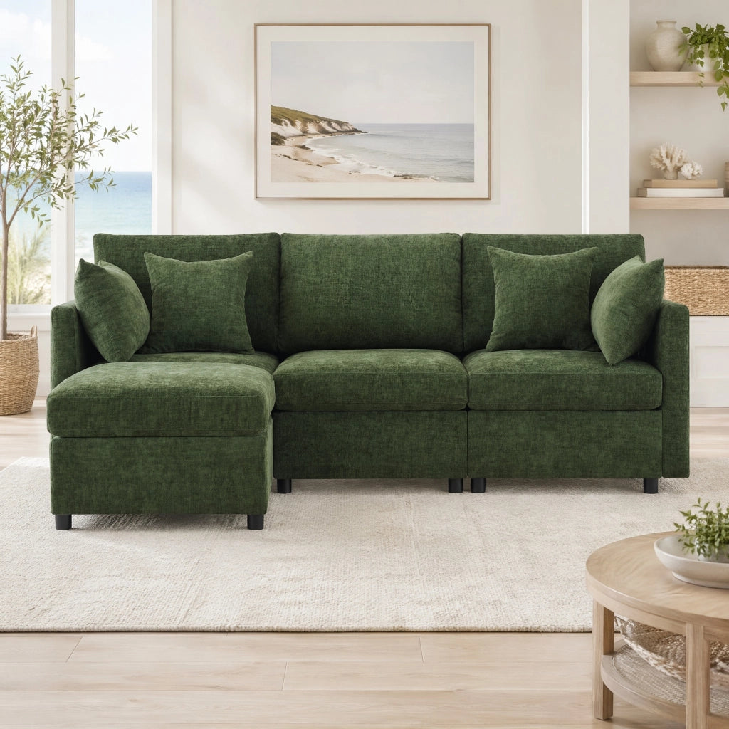 Divano modulare angolare a L 216x161x81 cm in chenille verde con 4 cuscini