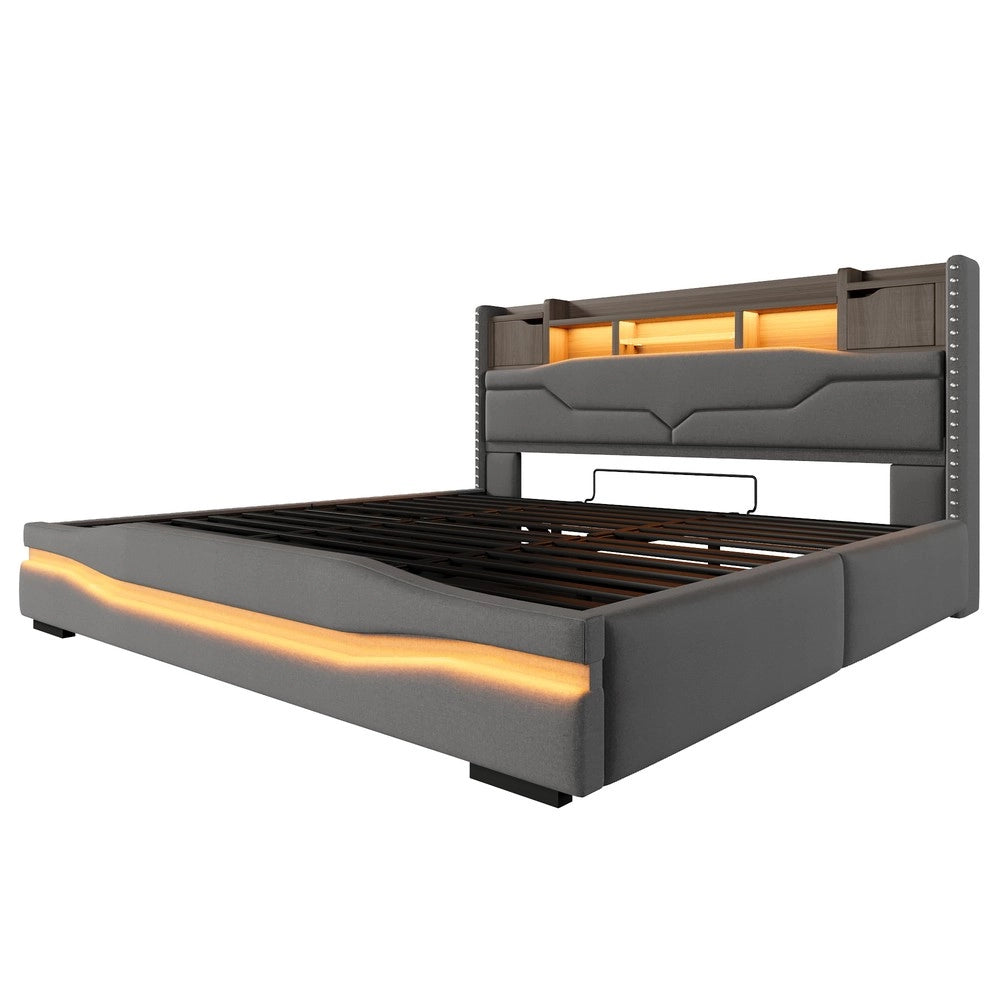 Letto Imbottito Contenitore con LED e USB ¨C Xylo ¨C Grigio 180x200