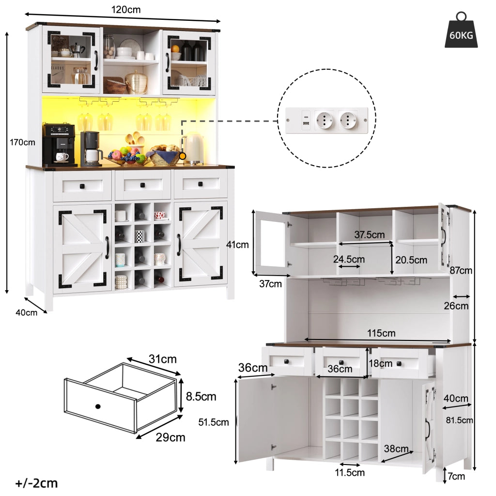 ARMADIO ALTO da cucina 120x40x170 cm bianco MDF e vetro con LED