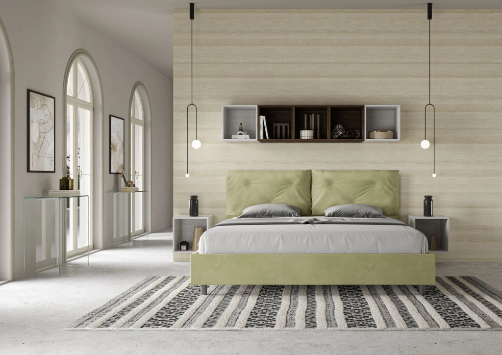 BS COM Letto matrimoniale king size contenitore imbottito 190x200 microfibra tè verde Large