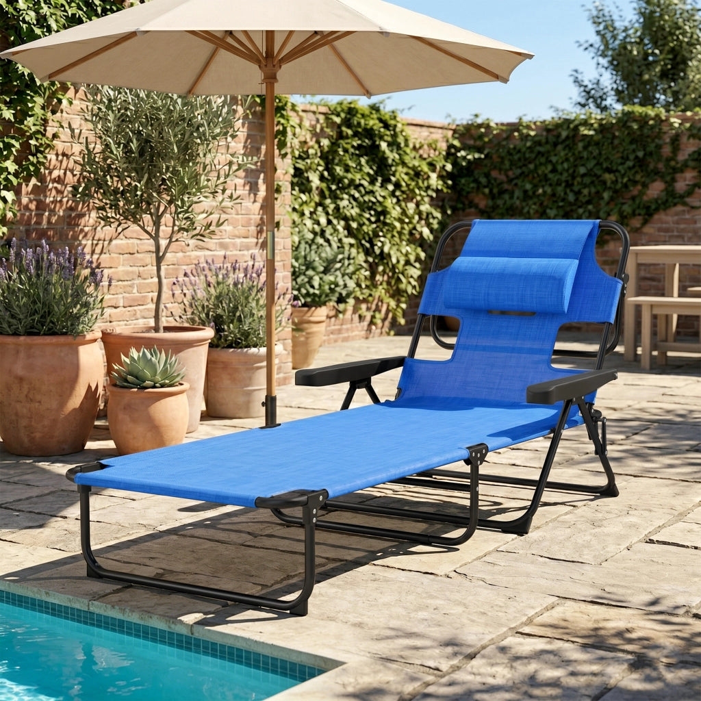 Sdraio da Giardino Pieghevole con Schienale Regolabile, Cuscino e Foro per Viso, Blu Scuro