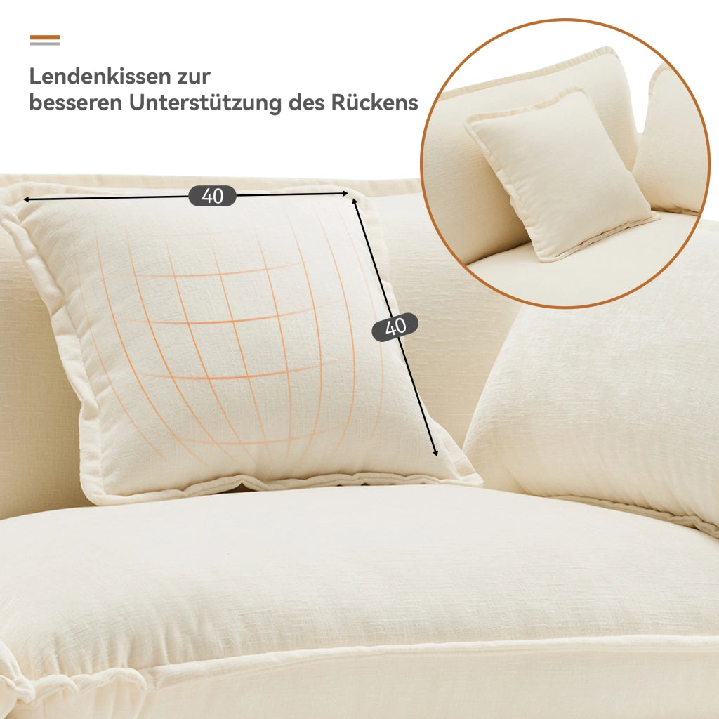 Divano angolare a 3 posti in chenille con pouf mobile e cuscini lombari per relax, beige 283 × 147 × 84 cm