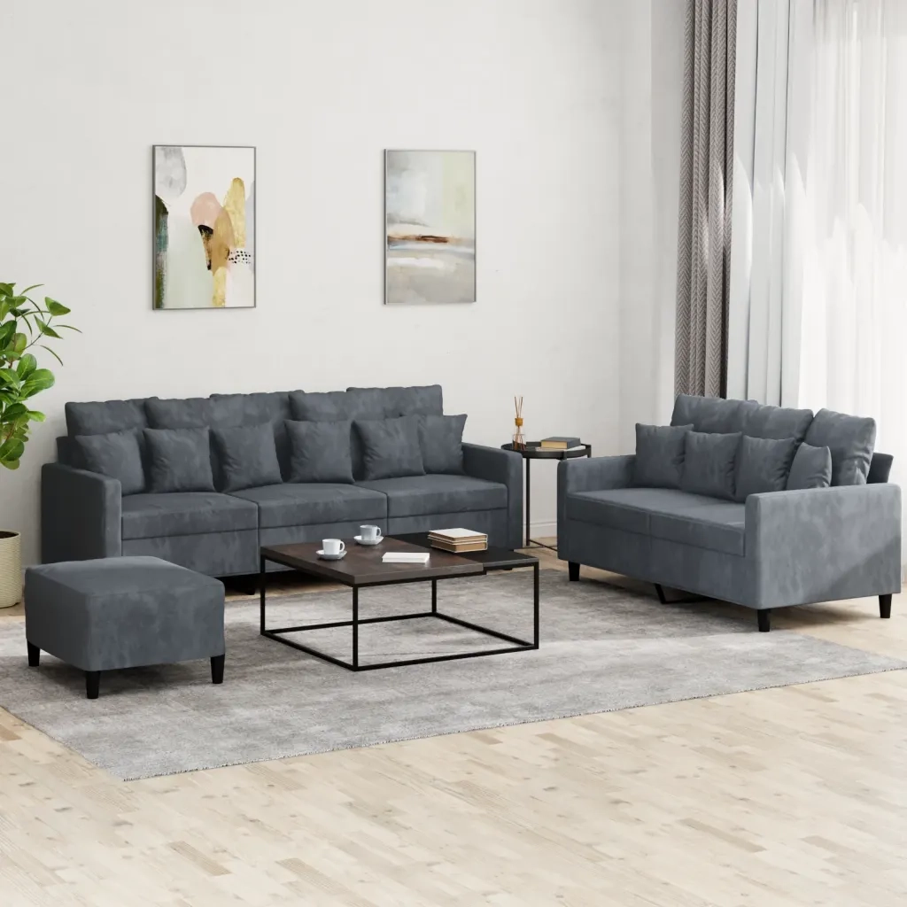 Set di Divani 3 pz con Cuscini Grigio Scuro in Velluto