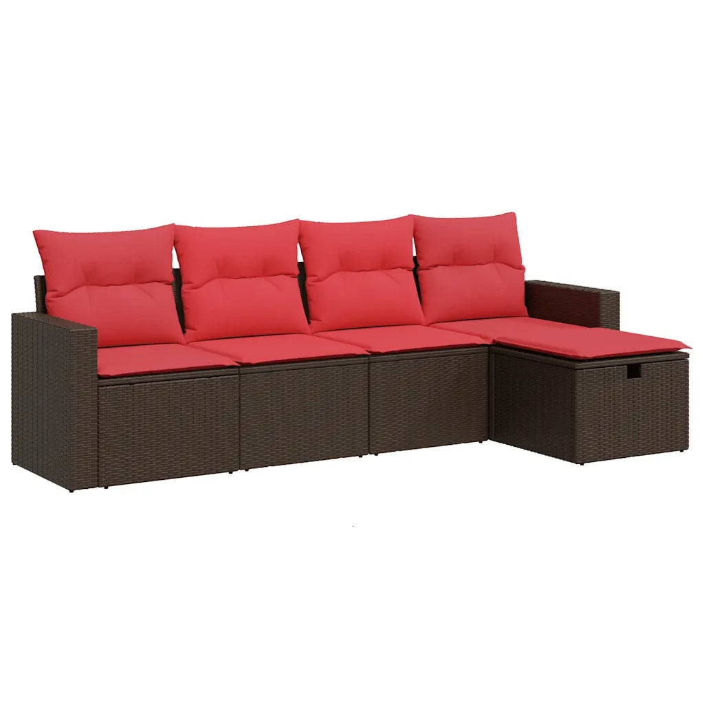 Set Divano da Giardino 5 pz | Set Salotto da Giardino con Cuscini Marrone in Polyrattan
