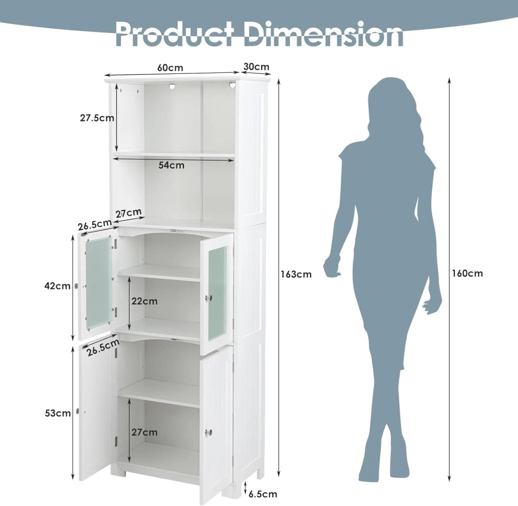 - Armadio Alto per Stoccaggio, Mobile da Bagno con Porta e Ripiano Regolabile, Organizzatore Autoportante da Terra per Camera da Letto, Cucina, Soggiorno, Bianco, 60 x 30 x 163 cm