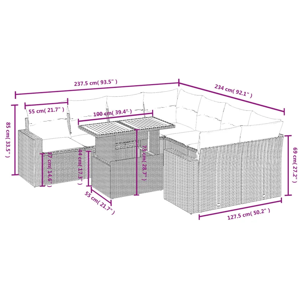 Set Divani da Giardino 9 pz con Cuscini Nero in Polyrattan 3271238